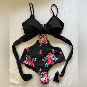 NWT Cupshe Black & Floral Wrap Cutout One Piece Swimsuit
